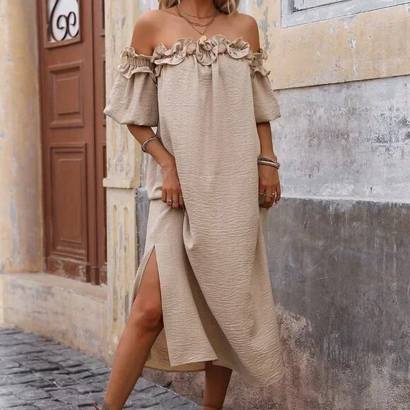 Khaki Casual Women's Off Shoulder Ruffle Trim Slit Dress - Picture 5 of 6